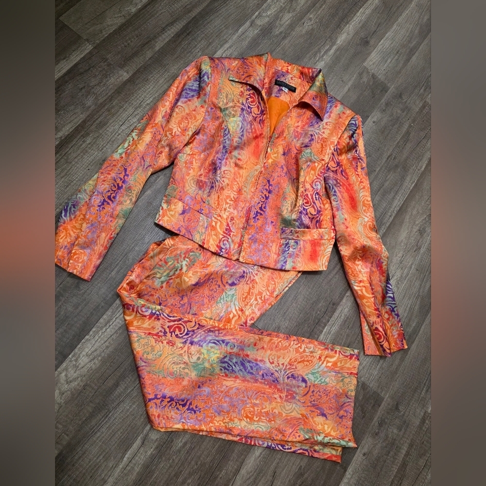 Vintage Lauren Taylor Satin Pants Suit Set Orange Candy Y2K Lagenlook Classy 6